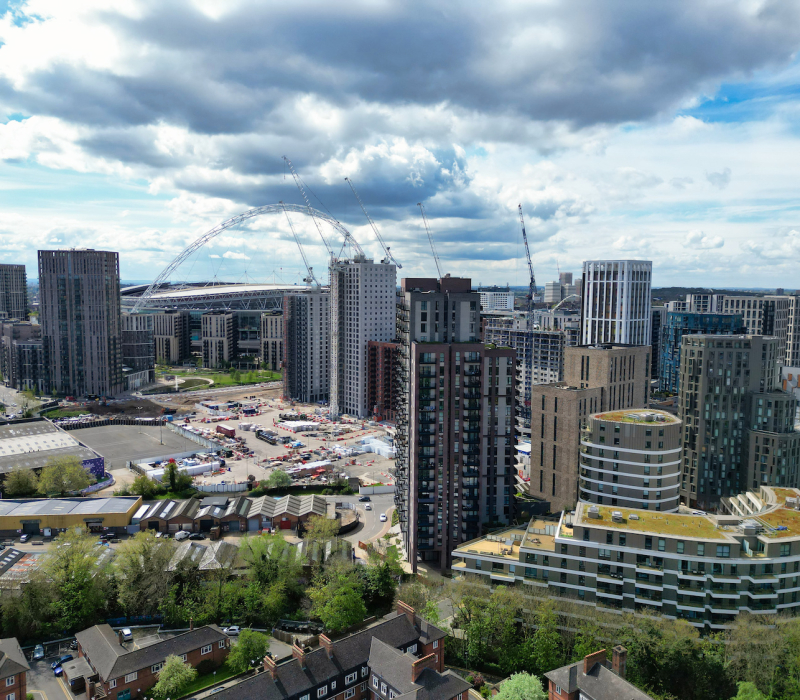 Aerial View of Downtown and Central Wembley London City of England Great Britain High Angle Footage Was Captured with Drone's Camera from Medium High Altitude on April th,